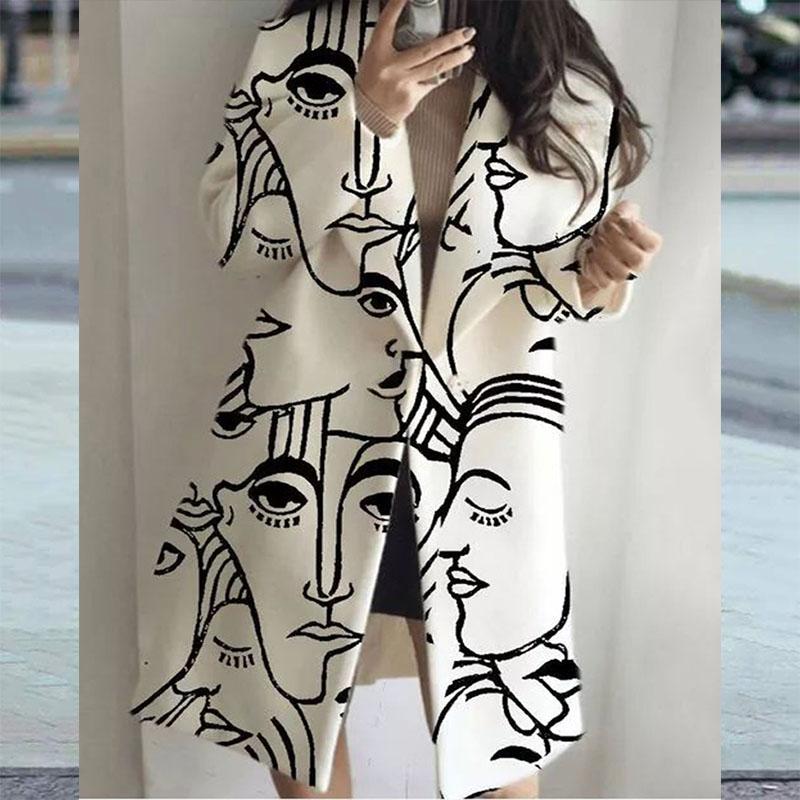Femmes laine mélanges 2021 automne hiver abstrait visage imprimé Long manteau Trench mode Streetwear femmes vêtements élégant femme