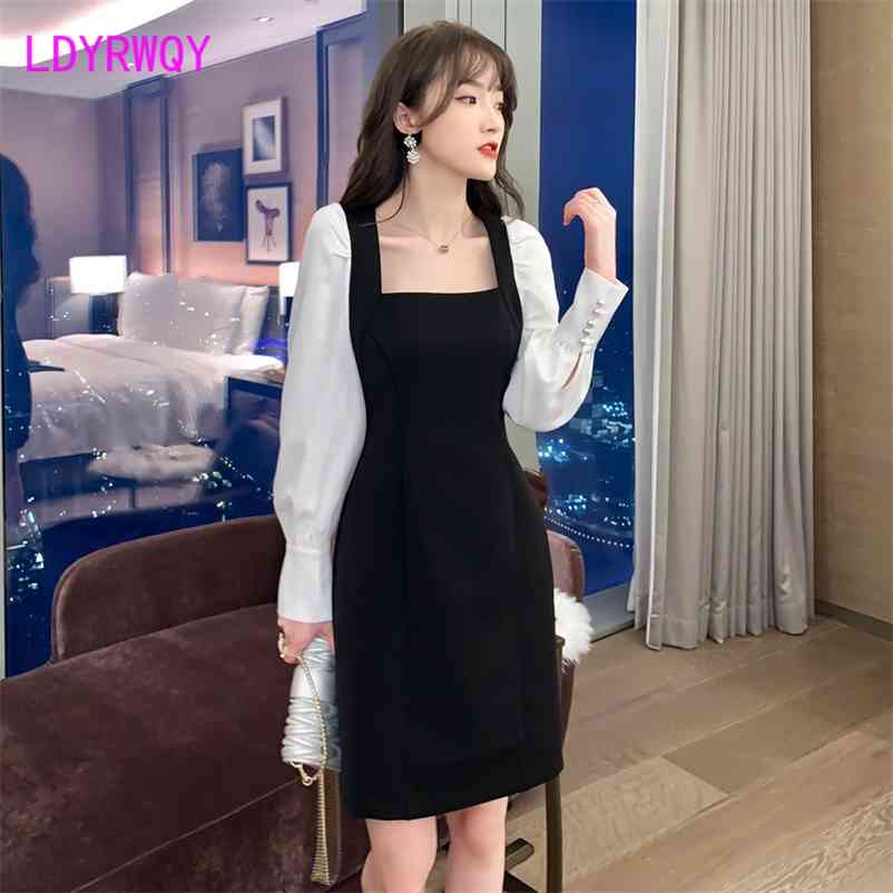 

spring and autumn wear in black square collar dress Hepburn style Office Lady Polyester Zippers 210603