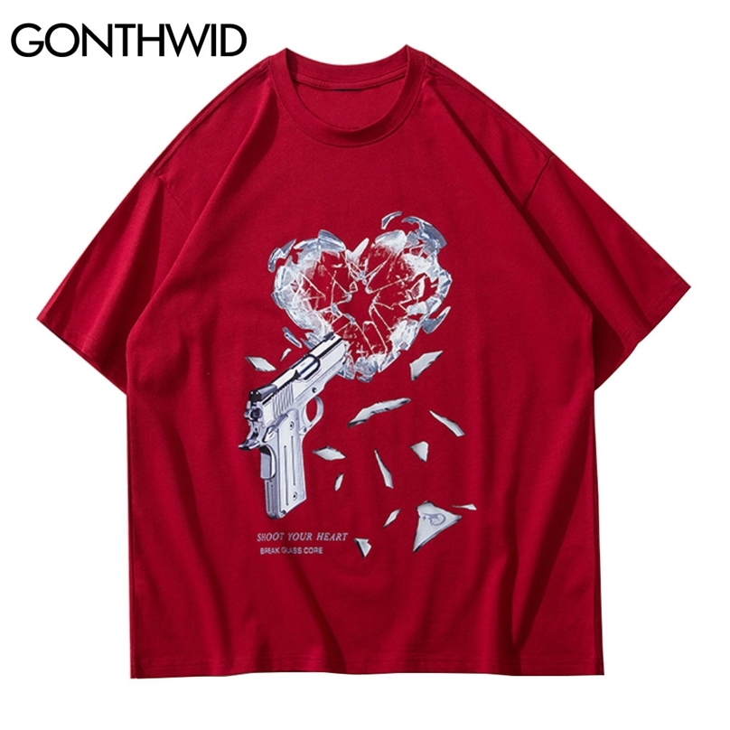 

Tshirts Streetwear Hip Hop Gun Pistol Broken Heart Print Short Sleeve Tees Shirts Men Summer Harajuku Cotton Loose Tops 210602, Black