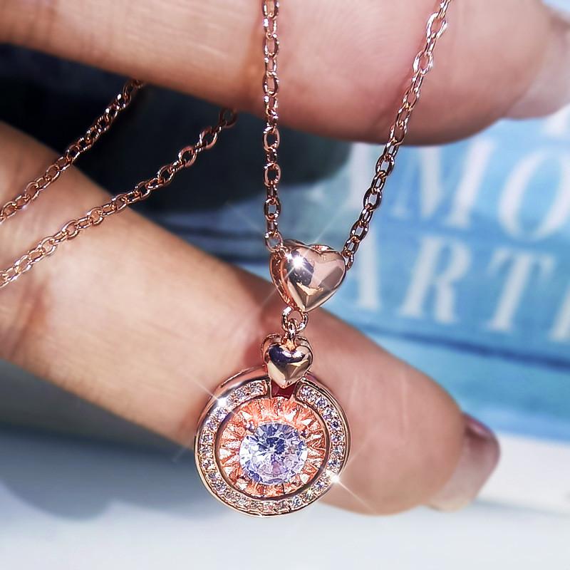 

Pendant Necklaces Female Luxury Crystal Round Necklace Fashion Love Heart Wedding For Women Dainty Rose Gold Silver Color Chain