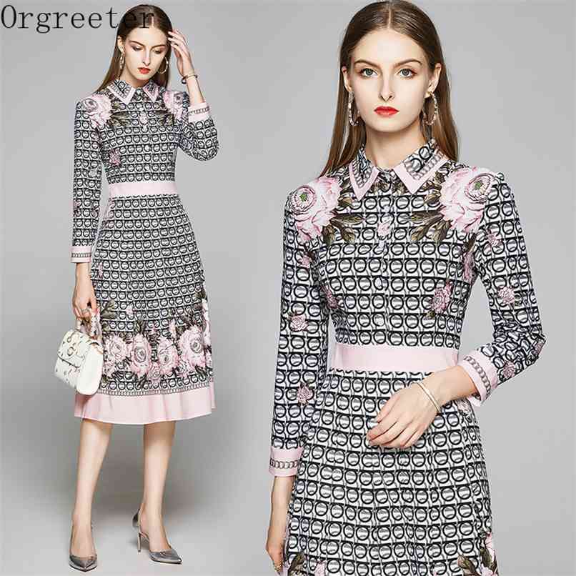

Runway Design Floral Print Spring Fall Dress Women Long Sleeve Lapel Vintage Party Female High Waist Midi Vestidos 210602, The picture color