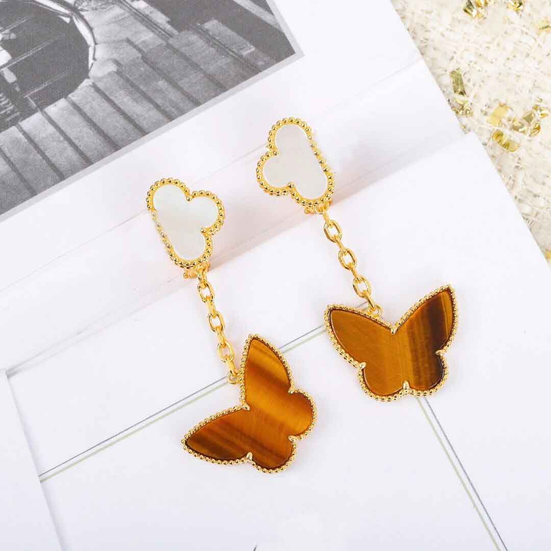 

S925 silver Top quality one flower and butterfly shape clip earring with white shell and tiger stone for women wedding jewelry gift free shi