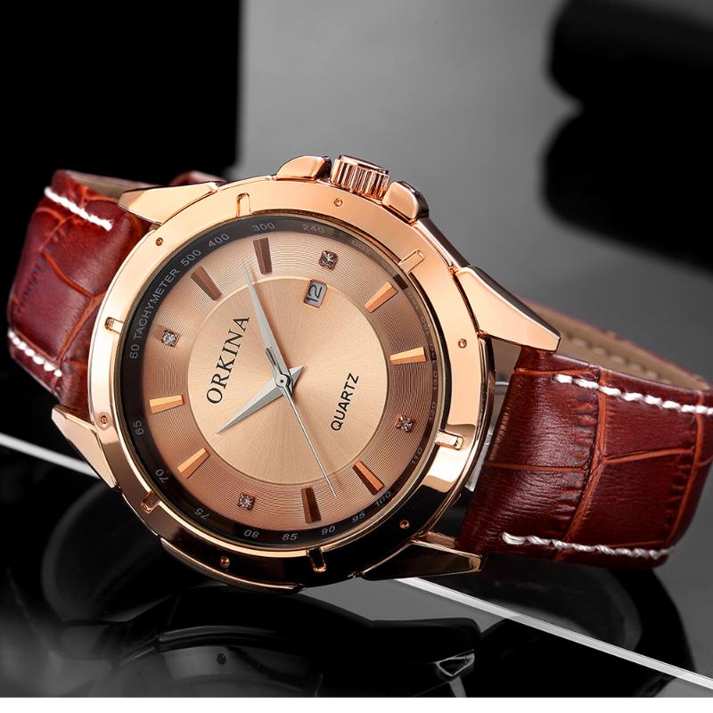 

Wristwatches Orkina Rose Gold Mens Watches Top Casual Male Clock Quartz Analog Wrist Brown Leather Strap Herren Horloges, Black