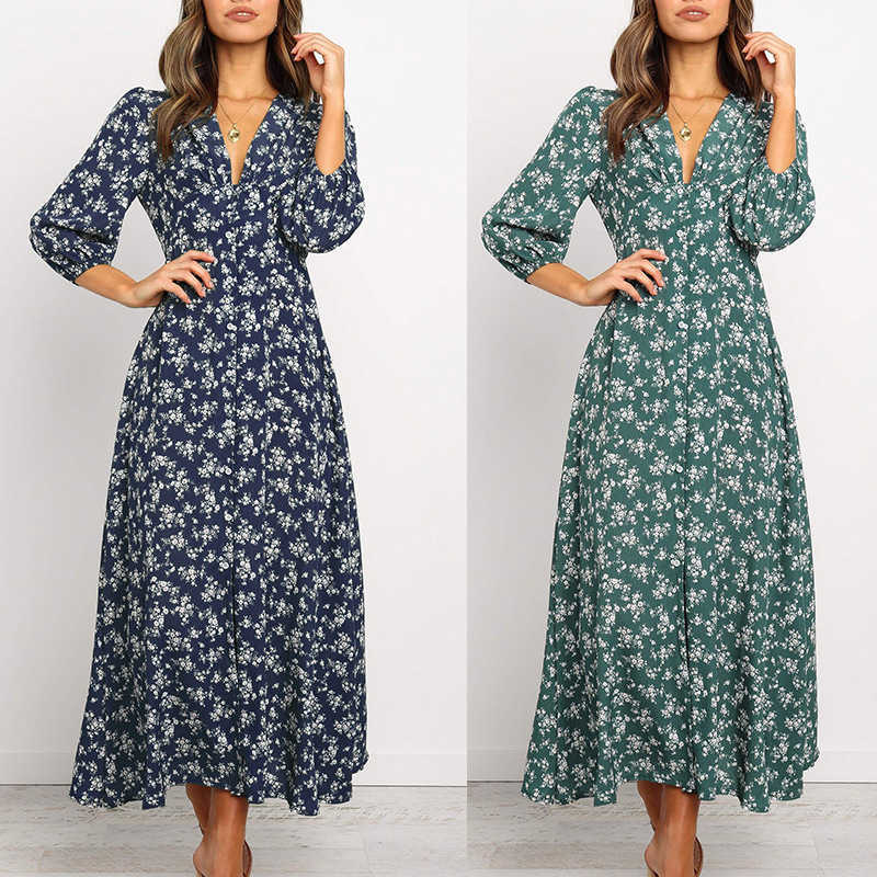 

Vintage Floral Printed Woman Dress Sexy V-Neck Lantern Sleeve Spilt Out Ankle-Length Midi Long Beach Dresses W153 210526, Dark blue