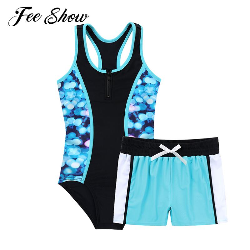 

One-Pieces Fashion Summer Kids Girls Swimming Suit Beach Swimwear Racer Back Jumpsuit Swimsuits Elastic Waist Boyshorts Sets Bathing Suits, Black