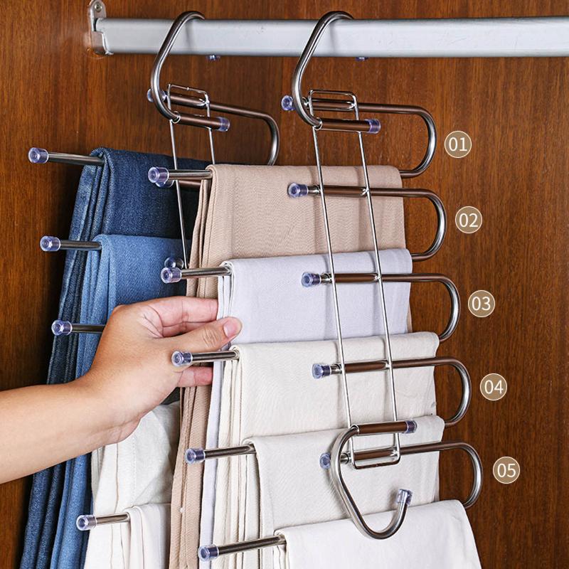 

Hangers & Racks Stainless Steel Pants Hanger Household Foldable Clothes Storage Rack Wardrobe Multi-Layer