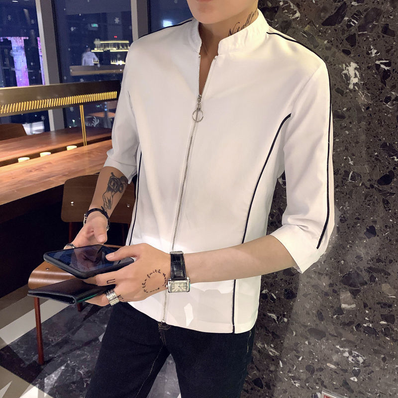 

New Half Sleeve Stand Collar Zipper Slim Casual Men Black White Shirt Camisa Social Masculina 2021 Summer X8te
