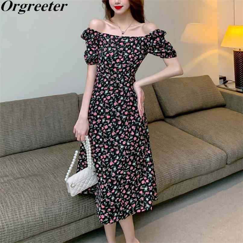 

Gentle style Lady Floral Print Dress Women Summer Off shoulder Puff sleeve slimming Long Vestidos 210602, Black