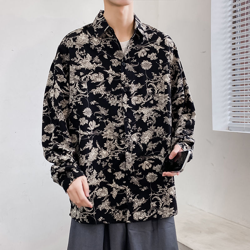 

2021 New Spring Autumn Flower Fashion Retro Printed Casual Men Streetwear Korean Loose Long Sleeve Mens Shirt 5z5u, Black printing