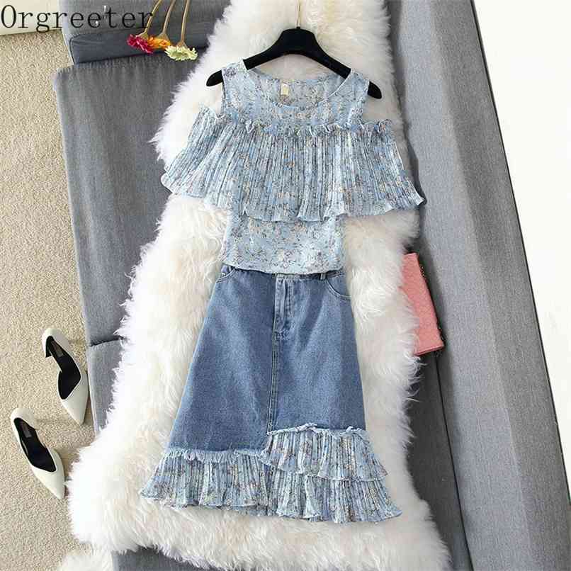 

2 Piece Set Women Summer Elegant Floral print Butterfly Sleeve Chiffon Shirt and Ruffles Patchwork Hole Bodycon Denim skirt Sets 210602, Blue