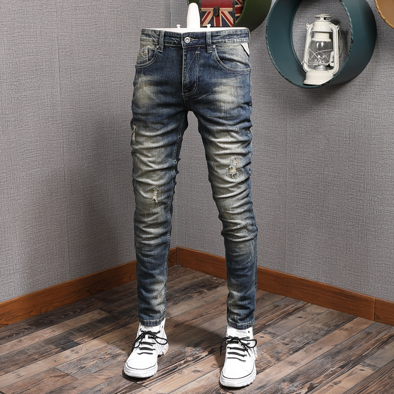 

2021 New Italian Style Fashion Men Jeans Elastic Slim Fit Casual Denim Long Trousers Retro Blue Vintage Designer Cotton Pencil Pants Fmtk