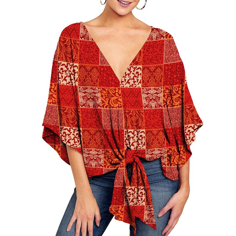 

Women's Blouses & Shirts Print Sexy Deep V Neck Flare Half Sleeve Oversized Tops Shirt Women Casual Loose Streetwear Temperament Office, Color-8