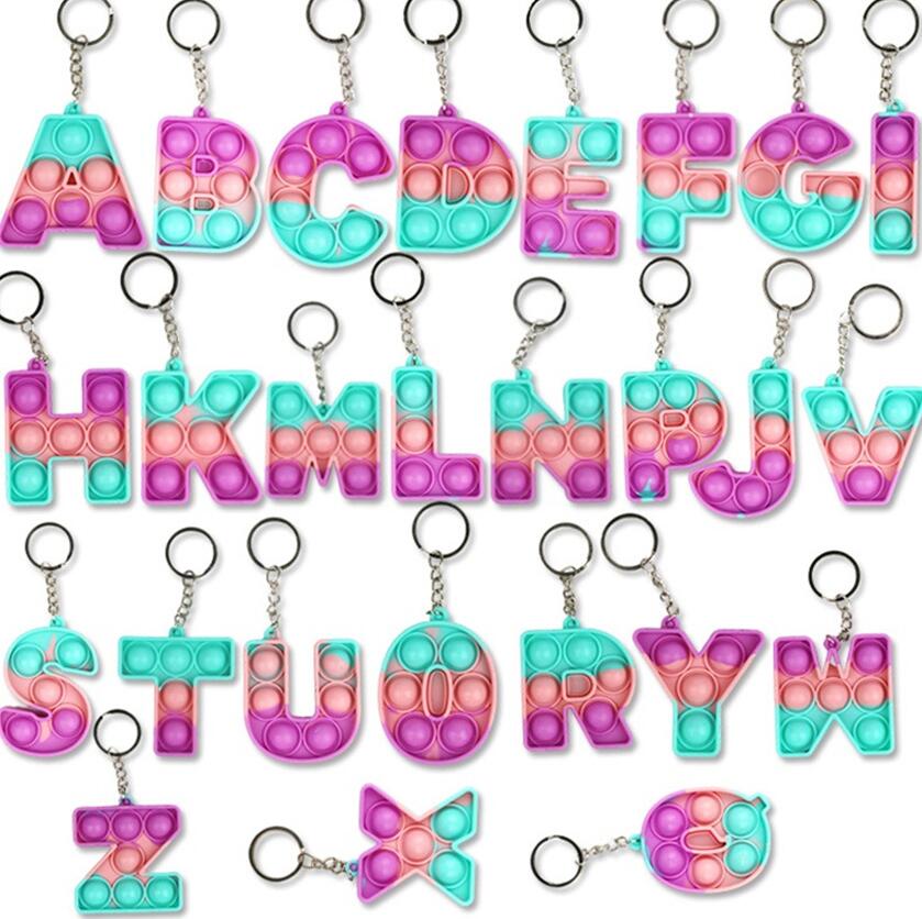 

26 Letters & Numbers Sensory Fidget Pop Bubble Poppers Key Ring Alphabet Shape Push Bubbles Popper Board Keychain Finger Puzzle Charm Tie Dye Rainbow Bag Hanging D104