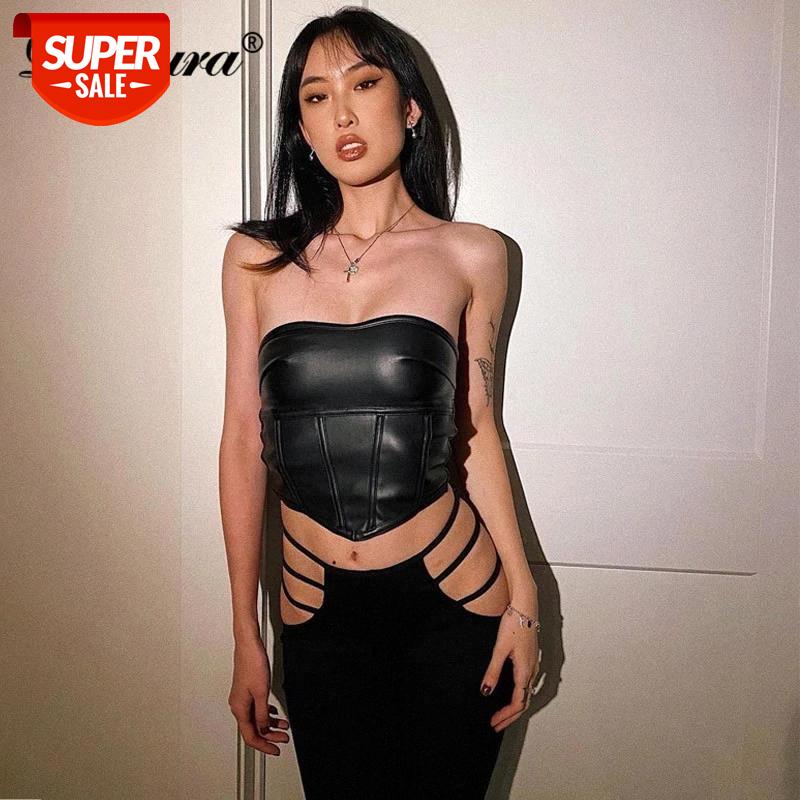 

Dulzura Pu Faux Leather Corset Tanks Tube Bustier Top Slit Lace Up Bandage Bodycon Sexy Streetwear Party 2020 Autumn Winter #kF5c, White