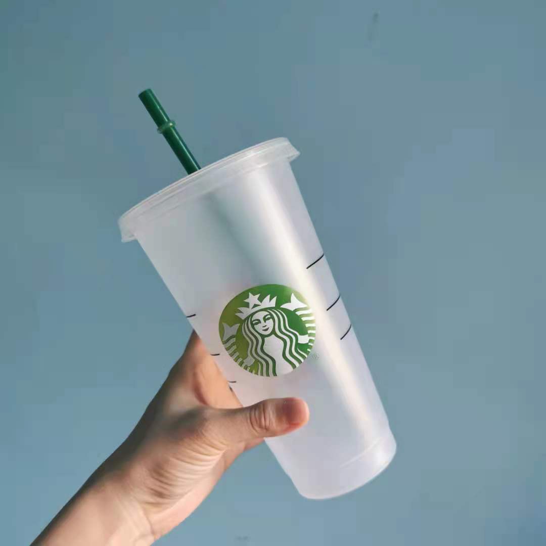 

Starbucks Cup 24OZ/710ml Mugs Plastic Tumblers Reusable Clear Drinking Flat Bottom Pillar Shape Lid Straw FY4460
