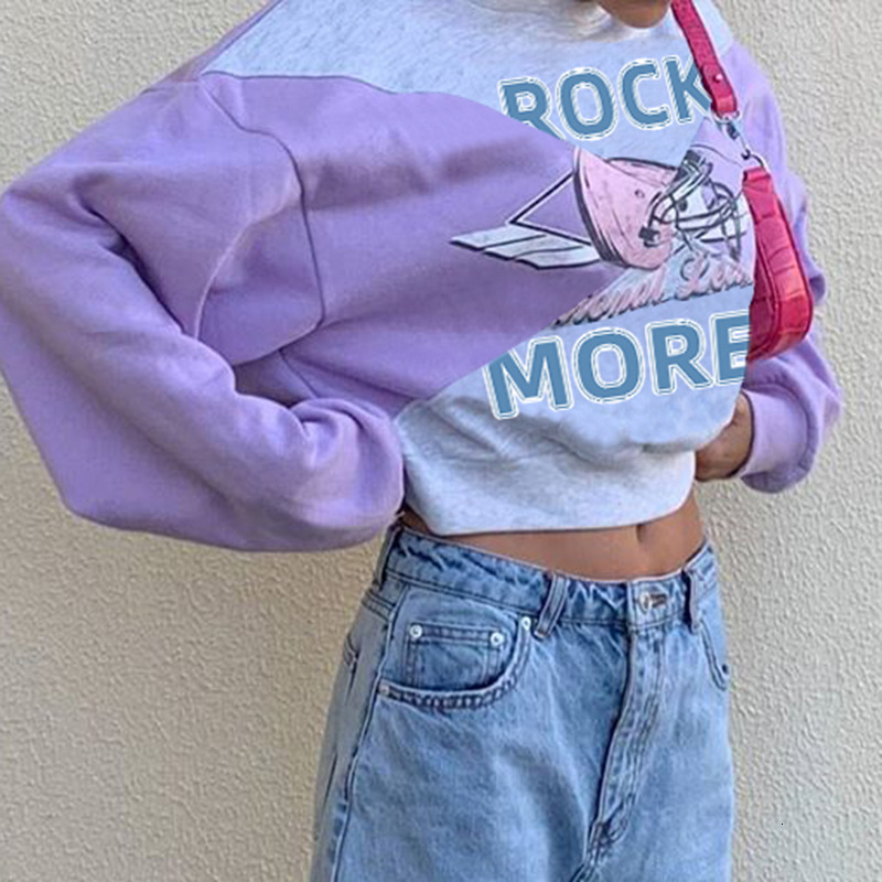 

2021 Purple Contrast Color Letter Print Sweatshirt Women Girls O-neck Loose Cropped Pullovers Autumn High Fashion Streetwear Qvec