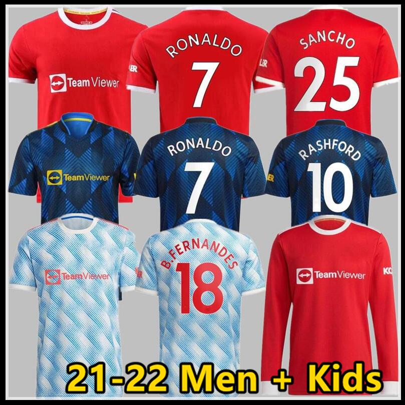 

RONALDO 21 22 SANCHO Manchester soccer jerseys UNITED Fans Player version BRUNO FERNANDES MARTIAL UTD POGBA RASHFORD football shirt 2021 2022 man + kids kit shirts, Kids 21-22 away