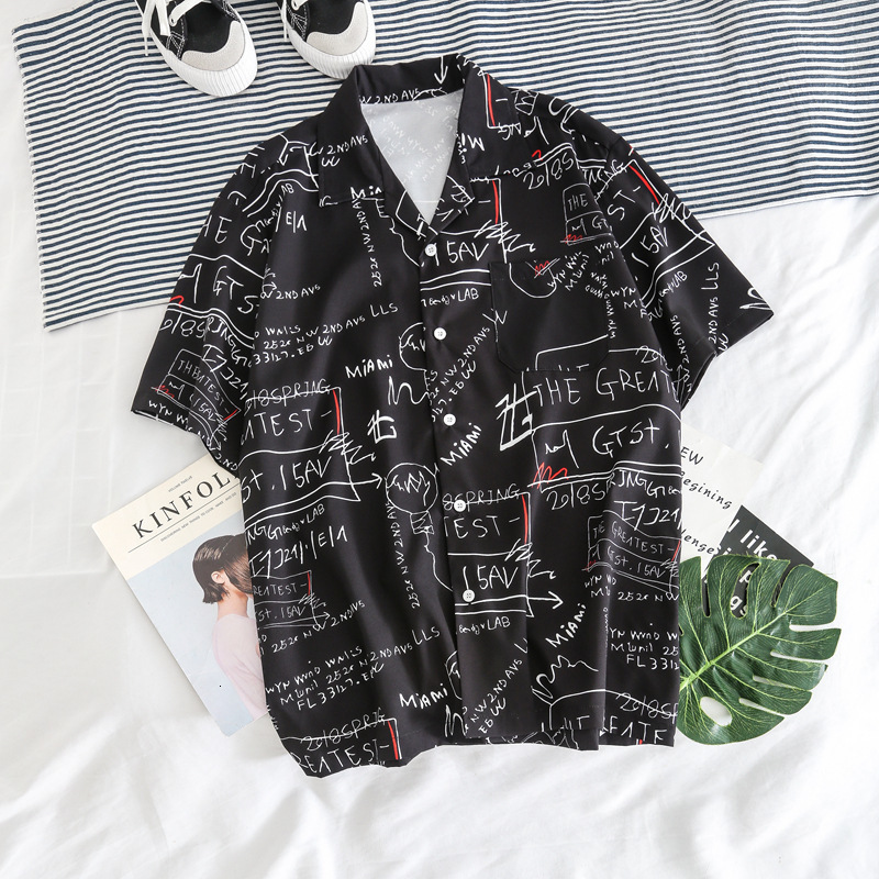 

2021 Vintage Letter Graffiti Full Printing Hip Hop Summer Short Sleeved Men' Shirts Hawaiian Streetwear Oversized Shirt Lhhv, Black