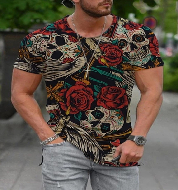 

Flower pattern men' 3D printed T-shirt visual impact party shirt punk gothic round neck high-quality American muscle style short sleeves, Picture 1