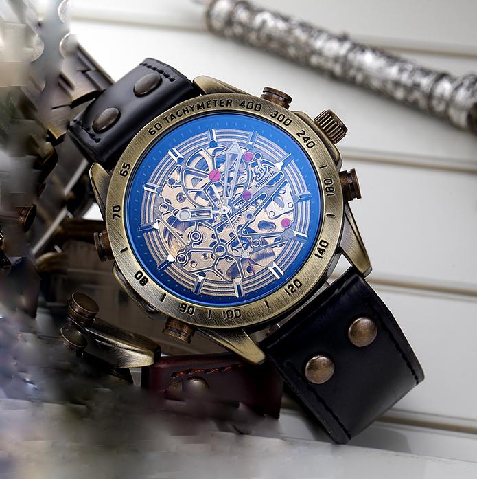 

Wristwatches SHENHUA Mechanical Watch For Men Skeleton Hollow Carved Pattern Metal Plate Watches Mens Reloj Mecanico Antiguo, Coffee
