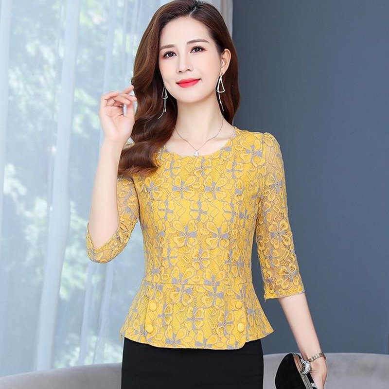 Women Spring Autumn Style Lace Blouses Shirts Lady Casual Half Sleeve O-Neck Lace Blusas Tops ZZ0600 210225Z