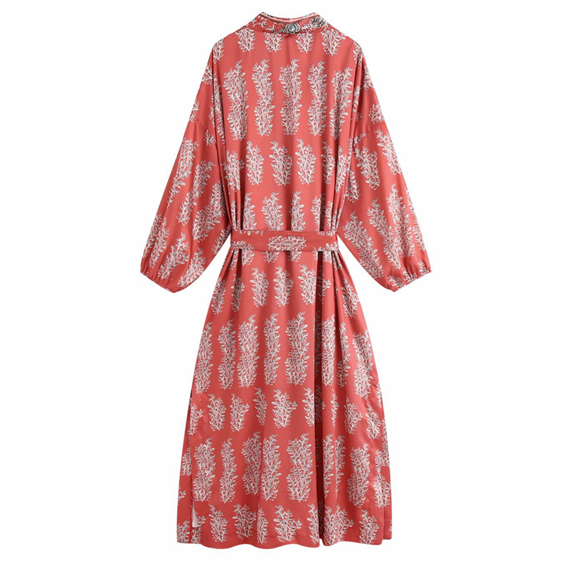 

Bohemian V neck Grass Floral Print Long Kimono Shirt Ethnic Lacing up With Sashes Long BOHO Cardigan Tie Bow Blouse Tops, Red