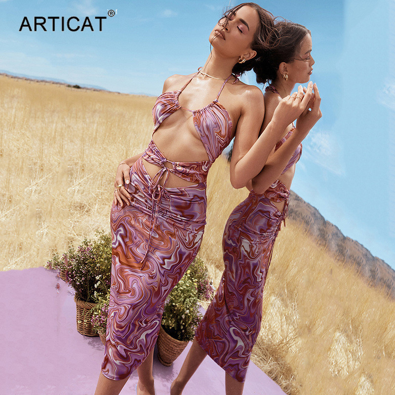 

print dstring ruched skinny dresses for women halter hollow out summer backless dress elegant party midi vestidohigh quality, Black;gray