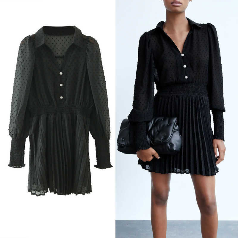 

Za Pleated Tulle Dress Women Long Sleeve Elegant Dot Black Mini Dress Jewel Button Elastic Waist Lined Mesh Party Dresses 210602