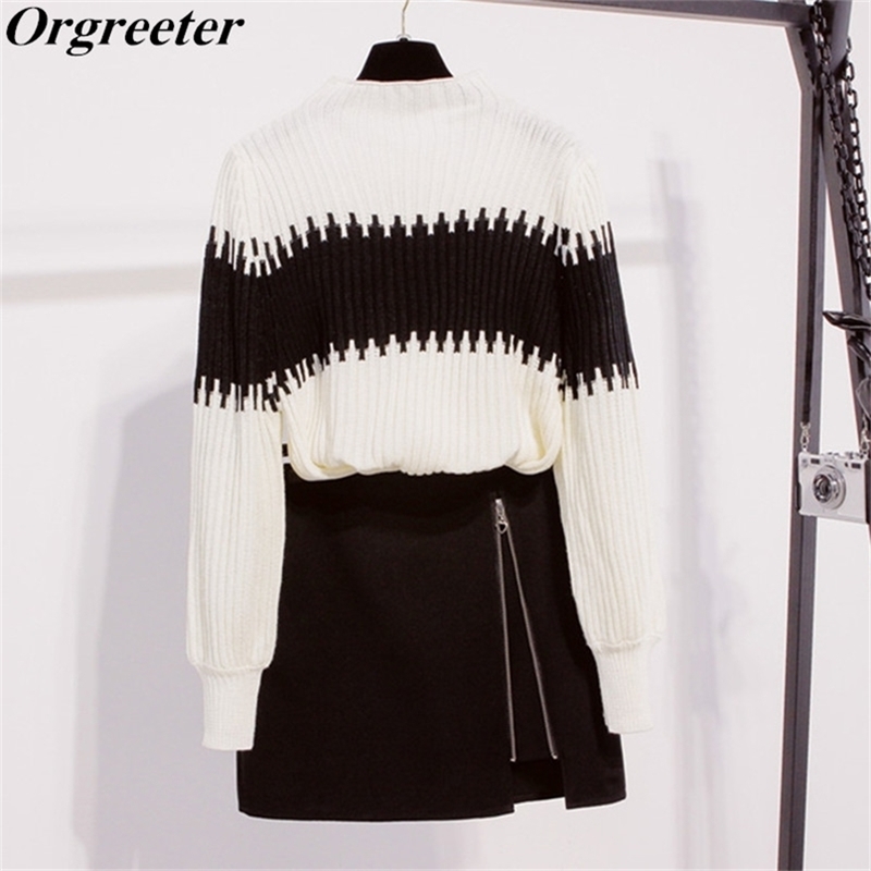 

Autumn 2 Piece set Women White and Balck Striped Hit color Lantern Sleeve Sweater Zipper Split A-line Skirts Suits 210602, Only skirt