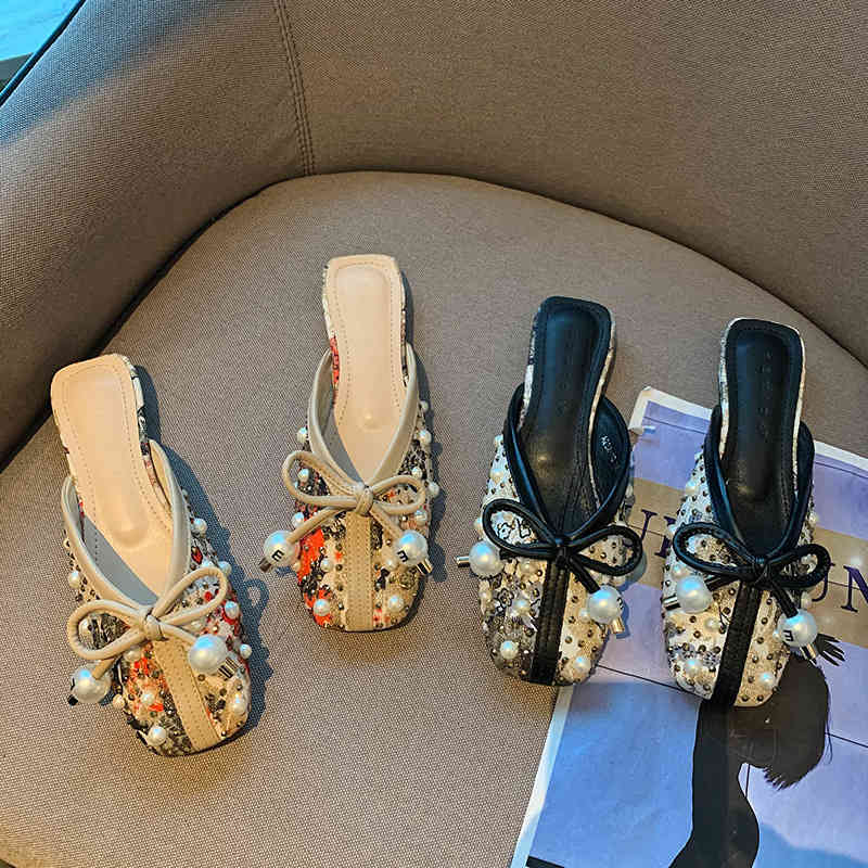 

slippers 2021 outono novo tamanho grande meia-reboque sapatos femininos dedo do p quadrado nico prola decorao strass exterior usar, Black