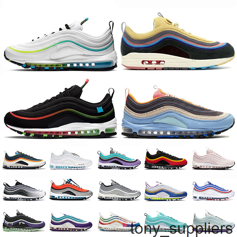 

2021 Fashion 97 Women Mens Running Shoes Worldwide White Black Sky Barely Rose Silver Iridescent TIE DYE Outdoor Sports Trainers Sneakers
