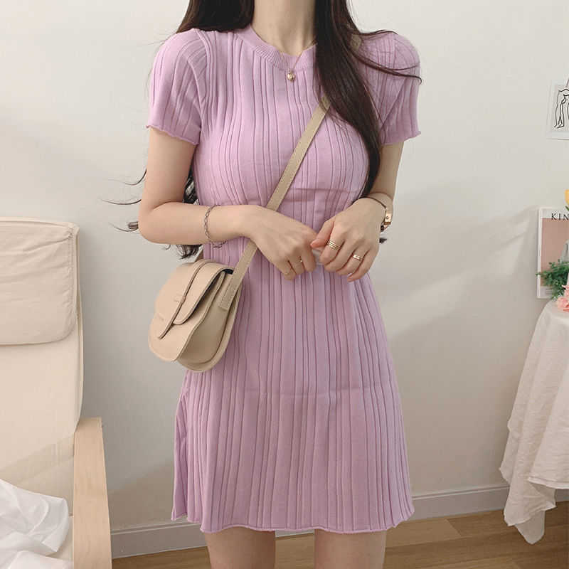 

Simple Solid Mini Knitted Dress Summer Elegant Temperament Ladies O-neck Short Sleeve Rib Pullover Sweater 210525, Green