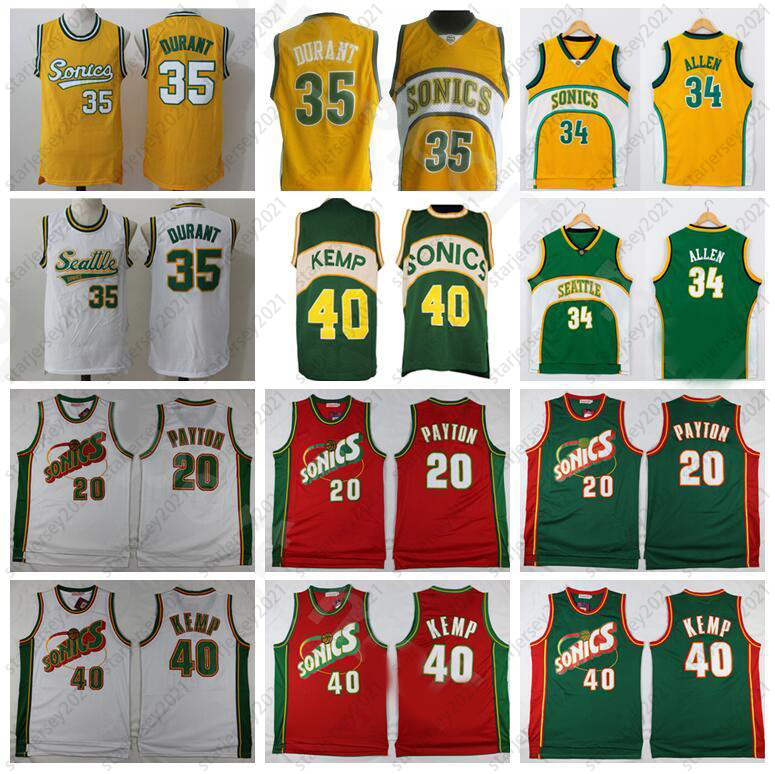 

Men Basketball Shawn Kemp Jersey Gary Payton Kevin Durant Ray Allen Stitched Green Yellow White Red Home Away Breathable Good Quality, 20 red