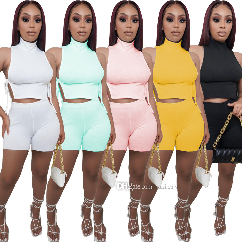 

Women High Collar Tracksuits Sexy Side Strap Casual Two-piece Set Summer Silm Jogging Suits S-XXL a001, Yellow