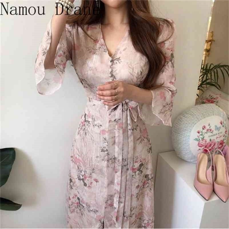 

Chic Summer Women Print Midi Chiffon Dress Slim Elegant Bandage Dress Elegant Runway Dresses Vestido party dress 210630, Pink