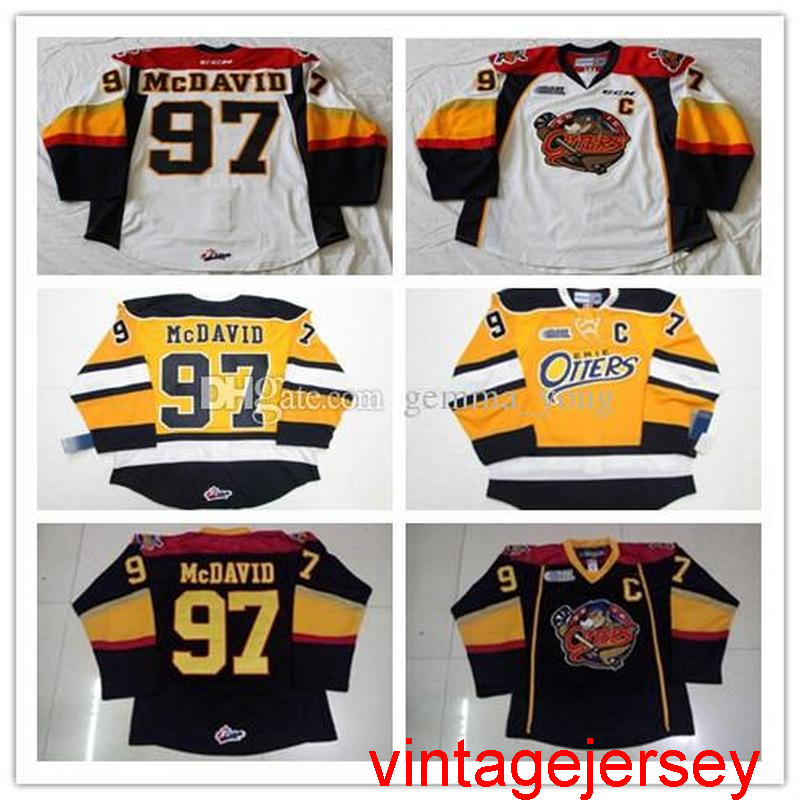

Custom Erie Otters Ice Hockey 97 Connor McDavid 9 Ryan OReilly Stitched 19 Dylan Strome Any Number Name Navy Yellow White OHL Jerseys S-4XL, Black