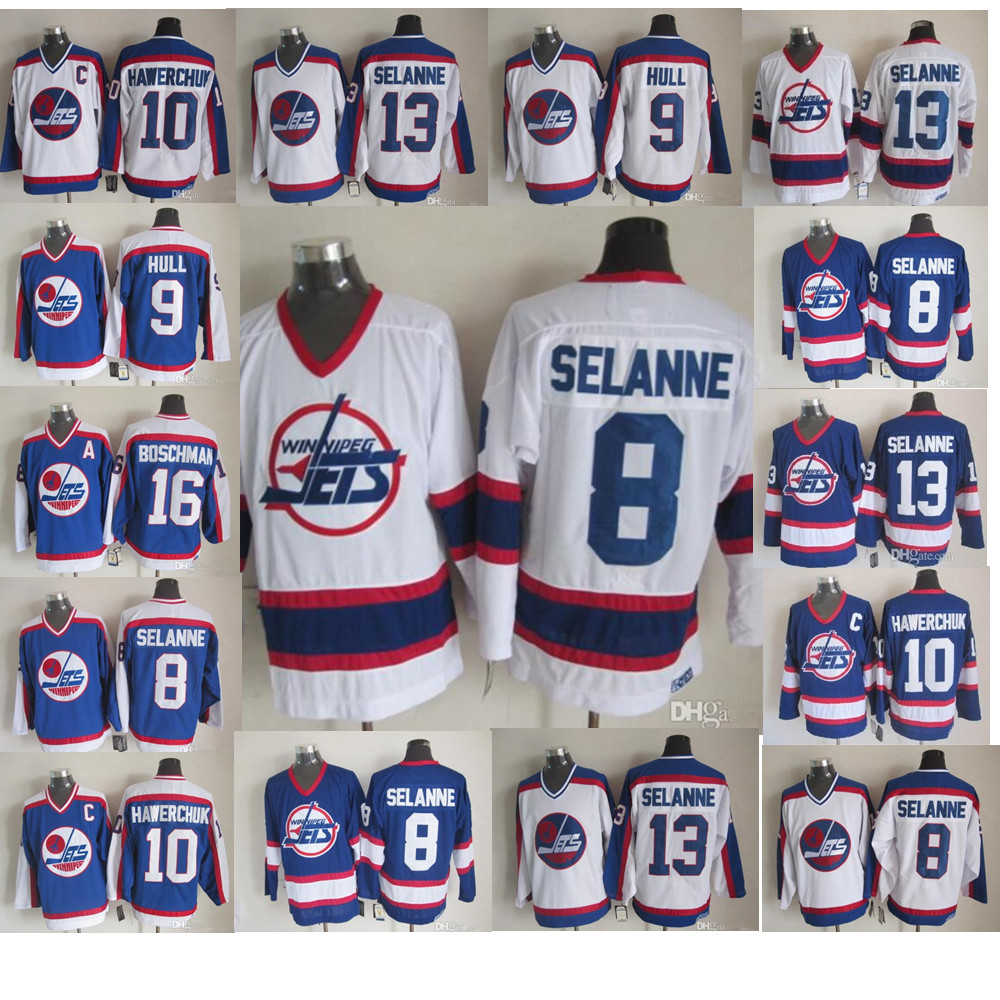 

Vintage Winnipeg Jets Jersey 13 Teemu Selanne 10 Dale Hawerchuk 9 Bobby Hull 8 Laurie Boschman White Blue CCM Retro Hockey, As shown in illustration