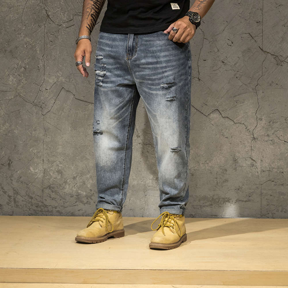 

New style denim loose hole washing fat jeans men's street straight pants, Blue