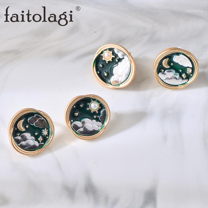 

Fashion Clouds Stars Moon Stud Earrings Geometric Circle Piercing For Women Vintage Girls Wedding Jewelry Gifts, Golden;silver