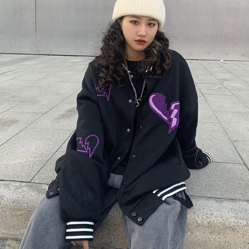 

women's jackets harajuku coraÃ§Ã£o partido bordado jaqueta feminina bombardeiro nova moda oversized uniforme de beisebol streetwear high, Black;brown