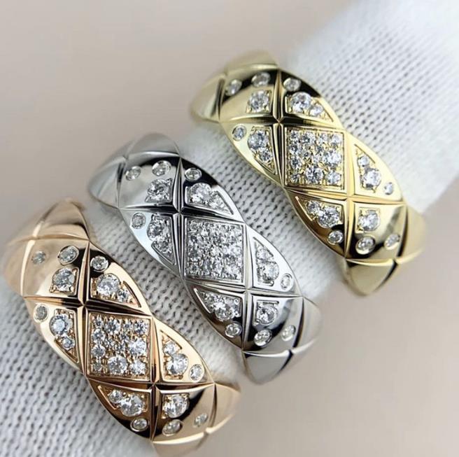 

full diamond check rings Men Lady Women Titanium steel 18K Gold Engraved Rhombus Plaid Settings Diamond Lovers Narrow Rings w302, Silver