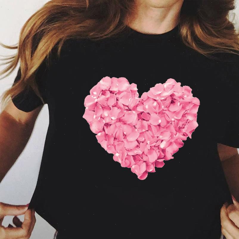 

pink heart flower print women black tshirt cotton casual summer new fashion t shirt 90s yong girl, White