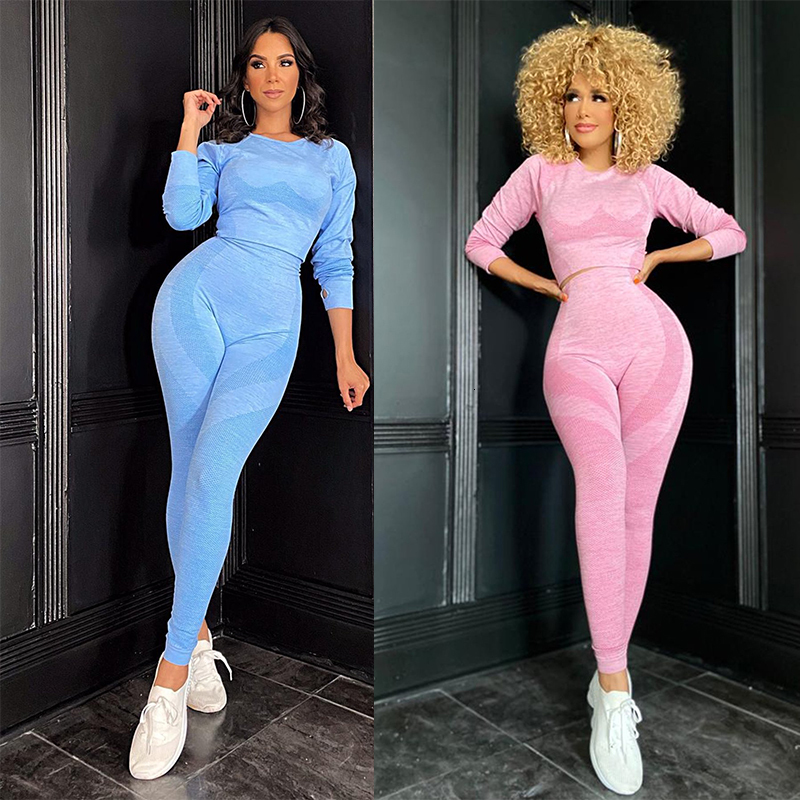 

2021 New Brand Quality Cotton Blend Slim Bodycon Two Piece Set Women Tracksuit Casual Sport Autumn Long Sleeve High Waist Pant Suit 4pjn, Pink