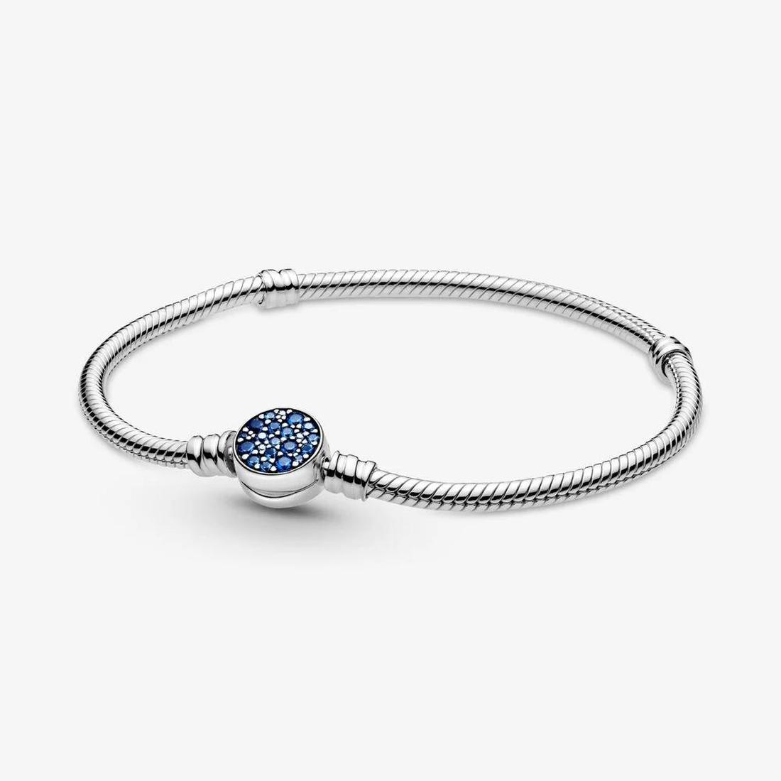 

Designer Jewelry 925 Silver Bracelet Charm Bead fit Pandora Sparkling Blue Disc Clasp Snake Chain Slide Bracelets Beads European Style Charm, Golden;silver
