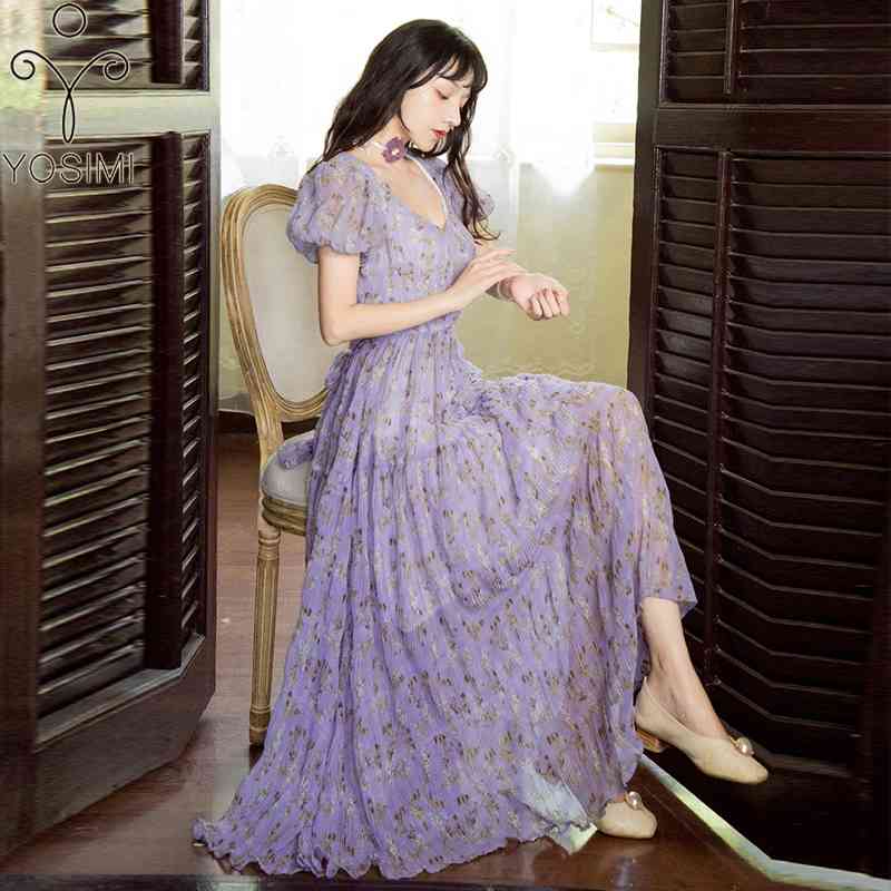 

YOSIMI Evening Party Long Women Dress Summer Elegant Purple Voile Floral Print V-Neck Mid-calf Short Puff Sleeve Lady 210604, Mixed color