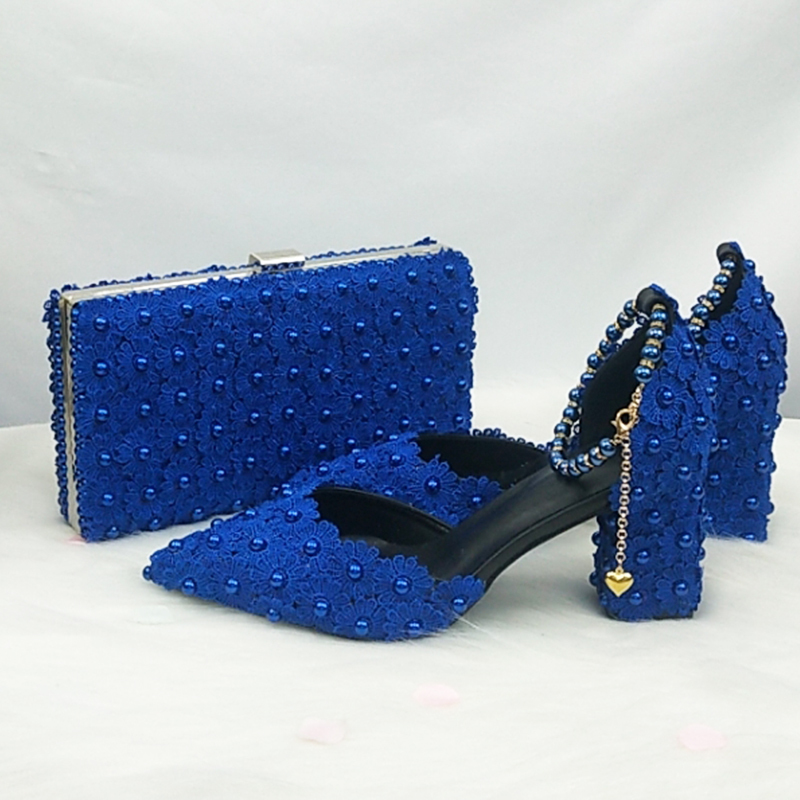 

BaoYaFang Royal Blue Beads Flower Strap wedding shoes Bride Pointed Toe Square Thick High Heel Party dress shoes and bag set 210226, Shoe
