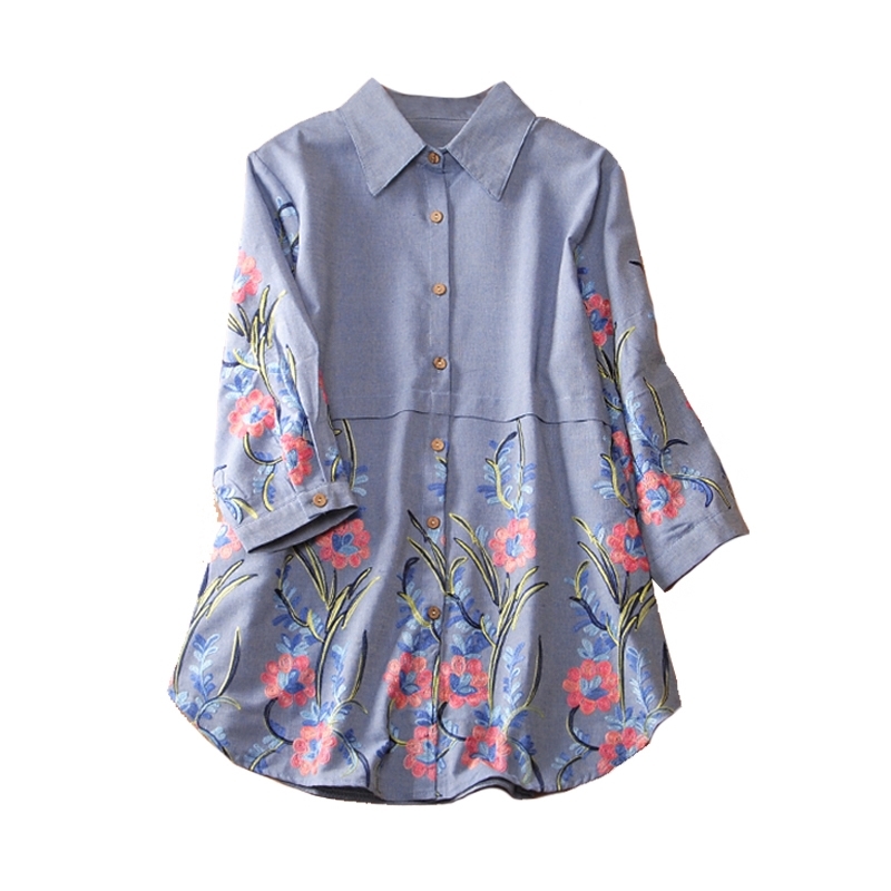 

Summer Shirts Women Cotton Wild Embroidery Causal Ladies Blouses and Tops Three-Quarter Sleeve Clothing 210615, Blue