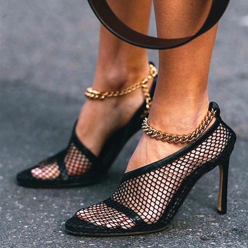 

Dress Shoes Leather Mesh Chain Ankle Woman Pumps Black/white Sexy High Heels Luxury Designer Brand Summer Sandals 8cm, As picture
