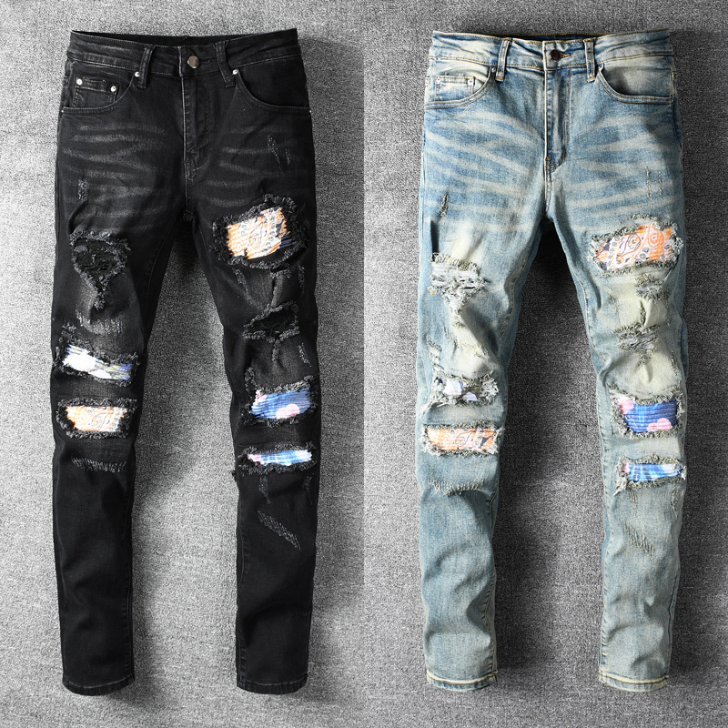 

2021 New American Streetwear Fashion Men Jeans High Quality Elastic Slim Fit Ripped Denim Punk Pants Patchwork Designer Hip Hop Trousers 0f3, Retro blue
