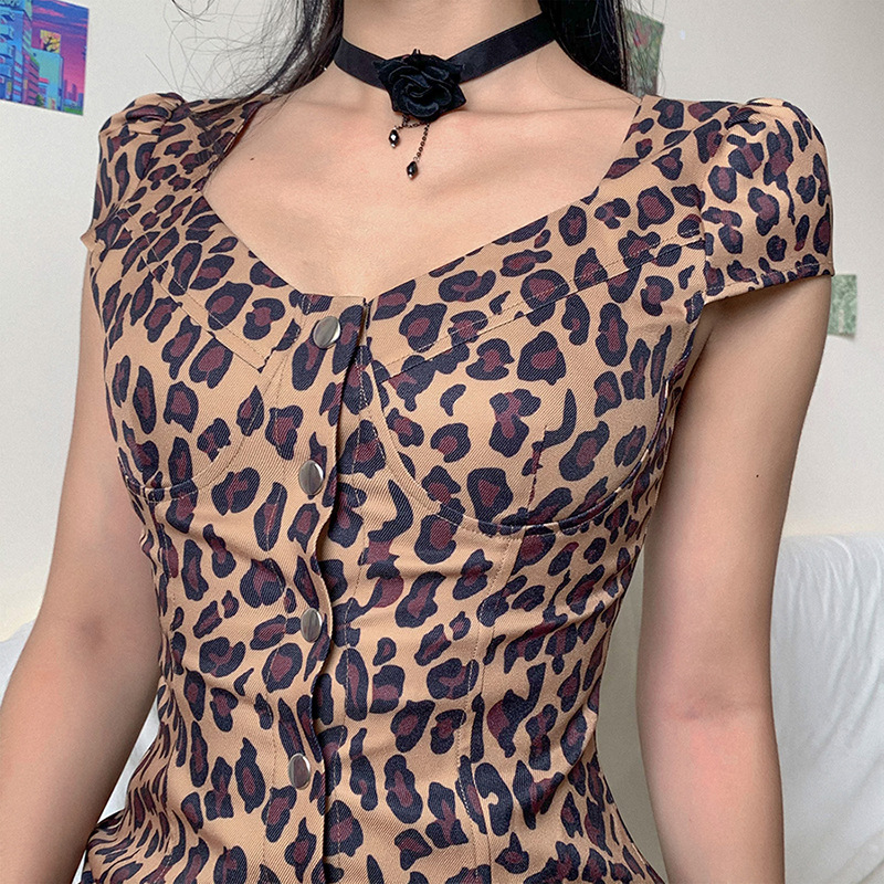 

Leopard Print Sexy Mini Dress Women Gothic Summer Bodycon V-neck Patchwork Vintage Dress Female Partynight Club Dresses, Black;gray